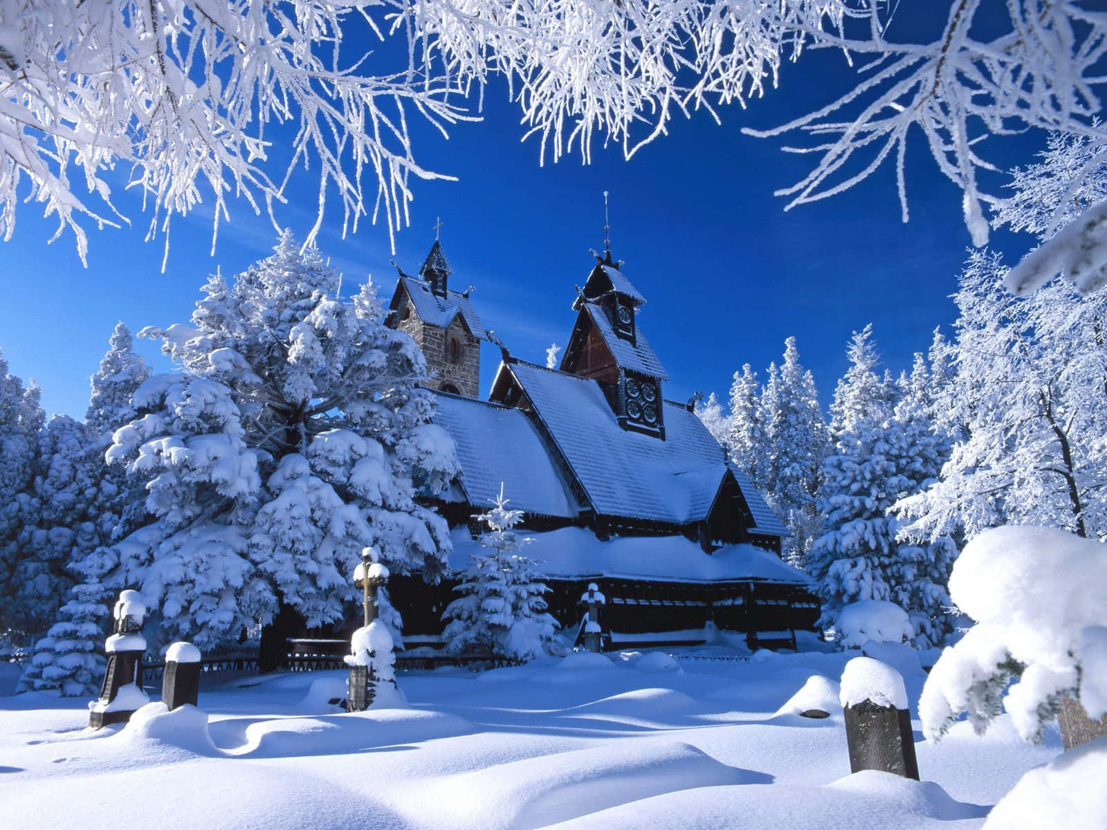 House 桌布 壁紙 — 一座被雪覆蓋的木造木板教堂，在霜凍枝條框住的燦爛藍天下靜靜矗立。