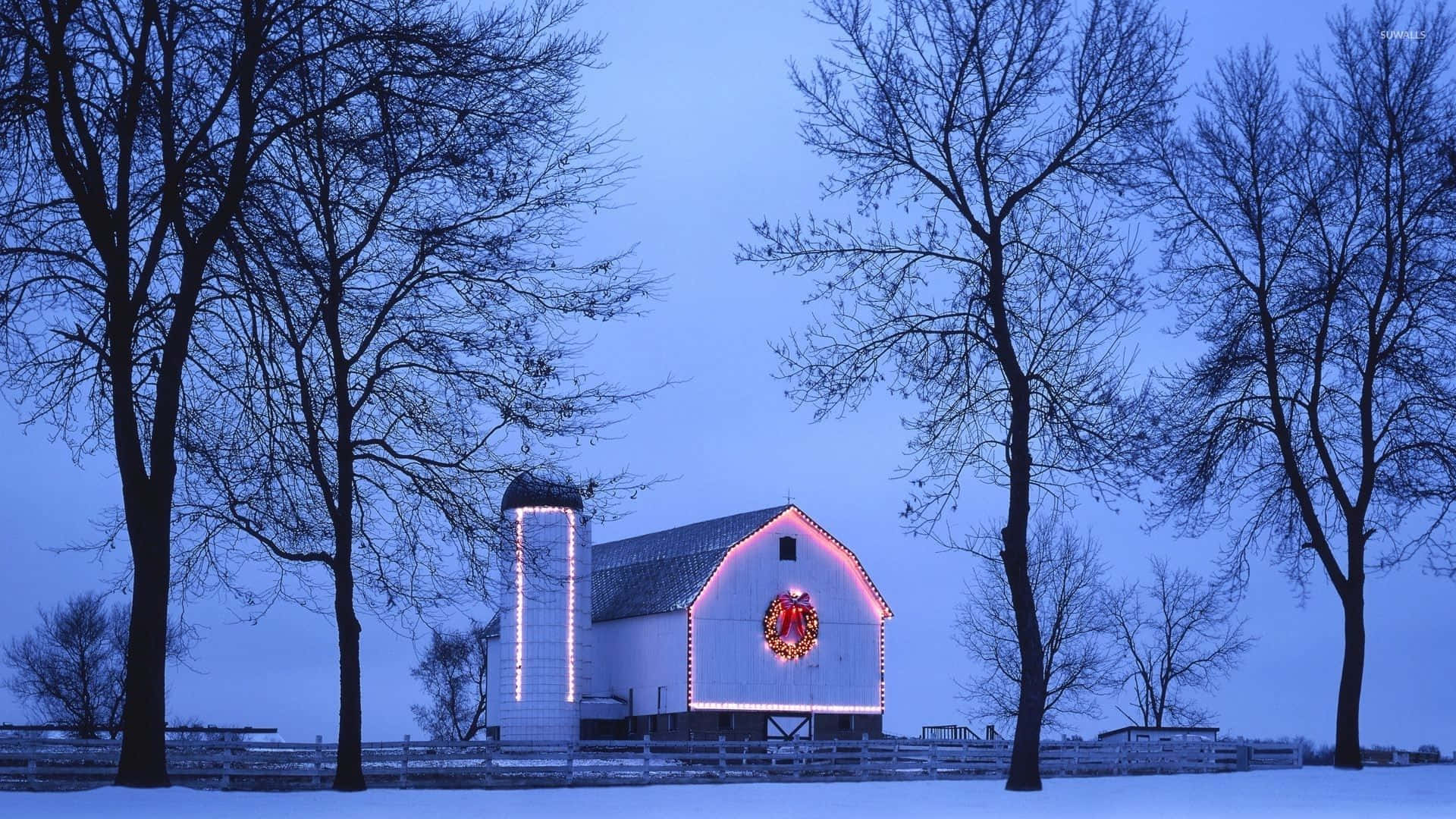 Barn 桌布 壁紙 — 一座被雪覆蓋的白色穀倉，裝飾著發光的粉紅色燈光和節日花環，在光禿樹木框住的暮色天空下靜靜佇立。