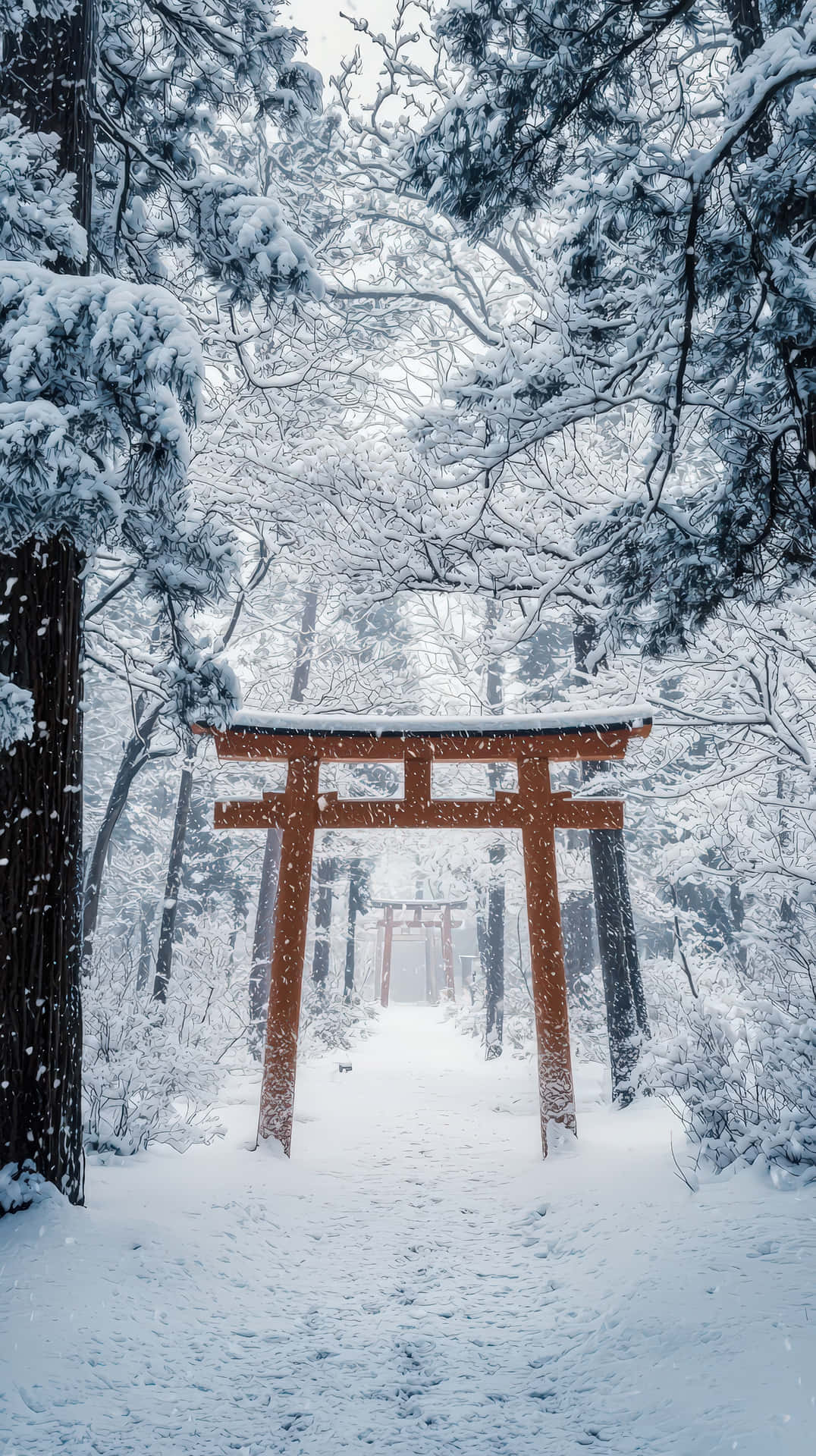 Serene Japanese Torii Gate Covered in Snow Amidst a Peaceful Winter Forest with Falling Snowflakes 壁紙 — 一座被雪覆蓋的紅色鳥居矗立在寧靜的冬季森林小徑入口，雪花飄落。