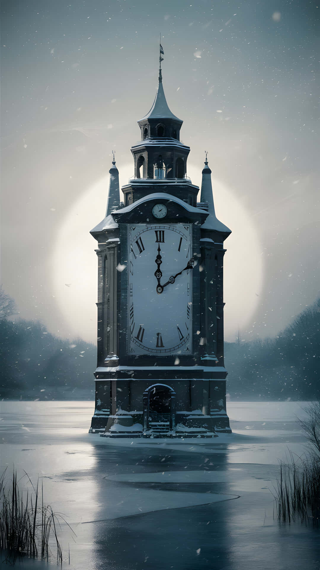 clock tower 壁紙 — 一座被雪覆蓋的鐘樓獨自矗立在冰凍的湖面上，在發光的月亮下，雪花飄落。