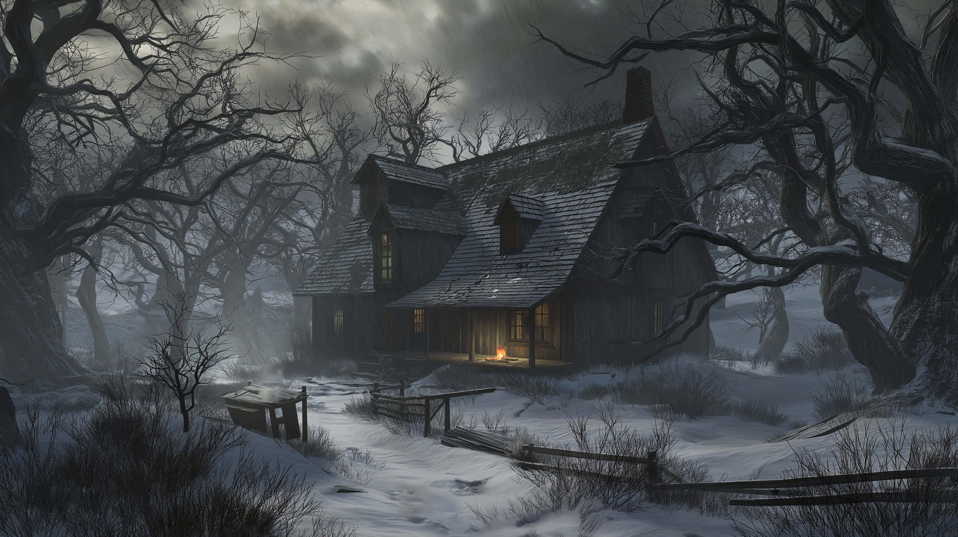 Secluded Winter Cabin in a Haunting Forest Landscape 壁紙 — 一座被雪覆蓋的鬼屋，窗戶發光，獨自矗立在暴風雨天空下的黑暗冬季森林中。