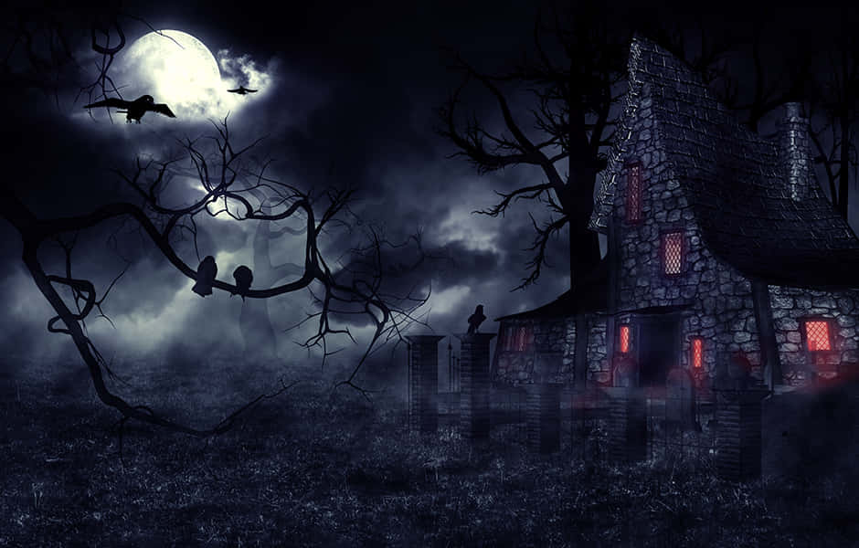 Creepy Halloween 桌布 壁紙 — 一座詭異的石屋，帶有發光的紅色窗戶，矗立在滿月下，烏鴉棲息在霧氣瀰漫的墓園中扭曲的樹木上。
