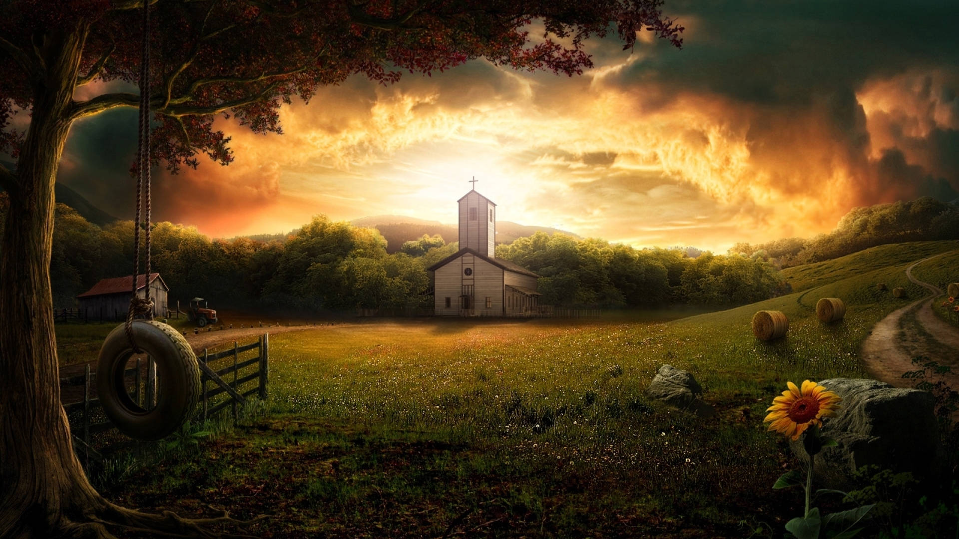 Photoshop HD 桌布 壁紙 — 一座質樸的教堂矗立在夕陽下的金色田野中，前景有一棵樹，樹上掛著輪胎鞦韆，還有一朵向日葵。