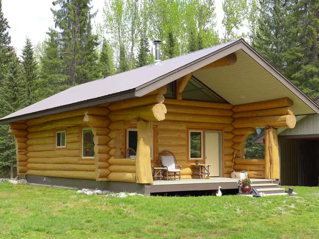 Log Cabin 桌布 壁紙 — 一座質樸的木屋，設有有蓋門廊和搖椅，坐落在鬱鬱蔥蔥的綠色森林空地上。