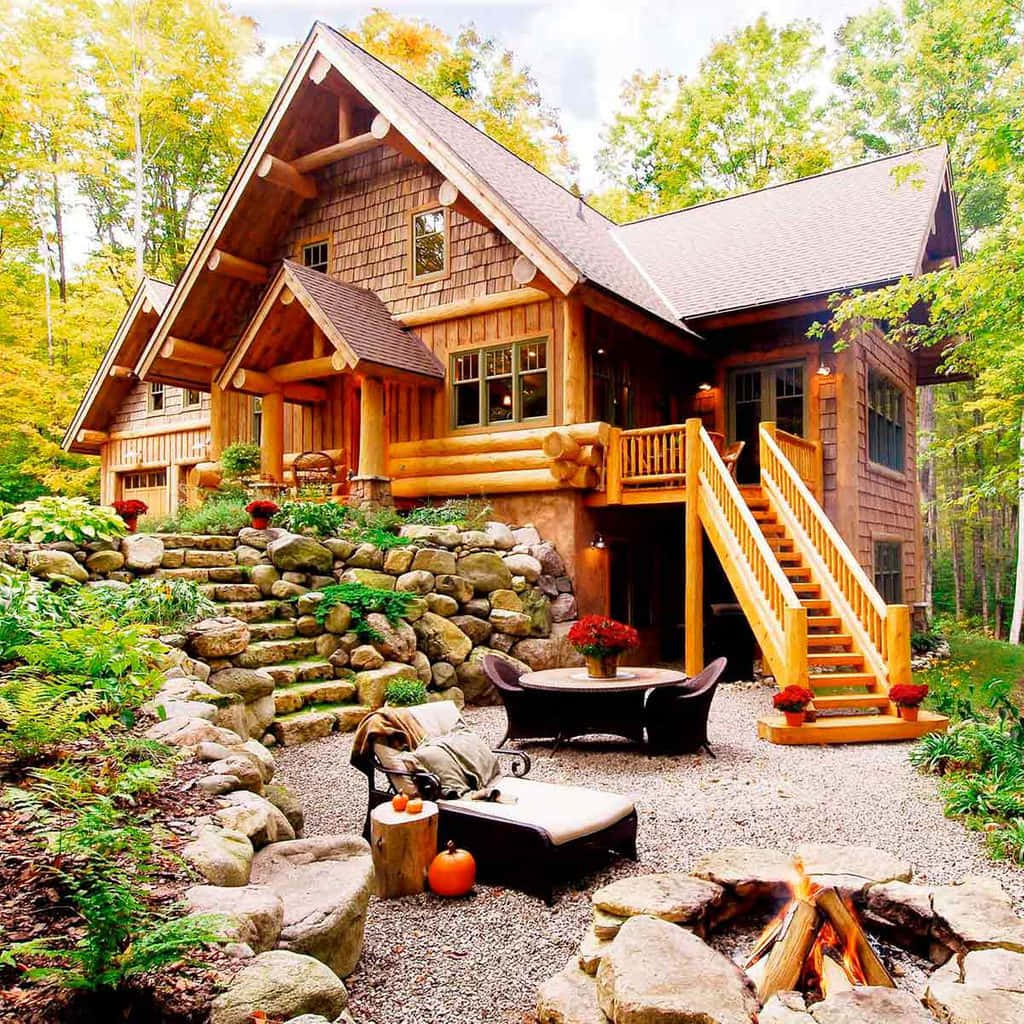 Log Cabin 桌布 壁紙 — 一座質樸的木屋坐落在秋日樹林中，配有石階、火坑和舒適的戶外座位。
