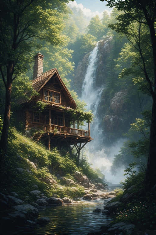 Cozy Cabin by Waterfall Dreamy Nature 4K 壁紙 — 一座質樸的木屋坐落在長滿苔蘚的懸崖邊，旁邊是陽光普照的森林中的瀑布。