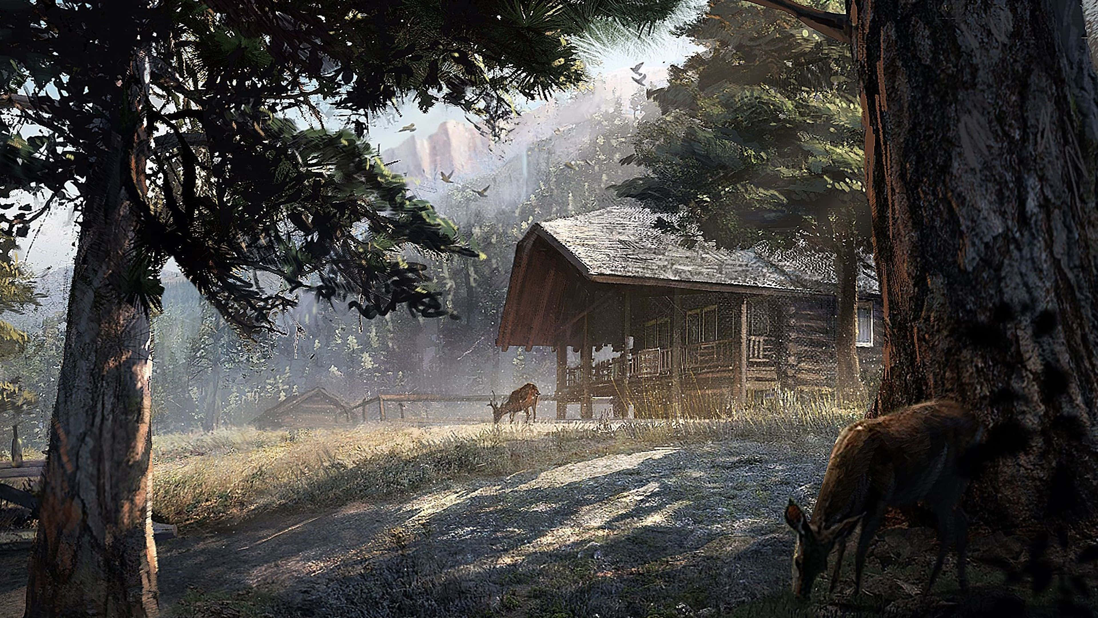 Far Cry 5 4K 桌布 壁紙 — 一座質樸的木屋坐落在霧氣瀰漫的森林中，附近有鹿在斑駁的陽光下吃草。