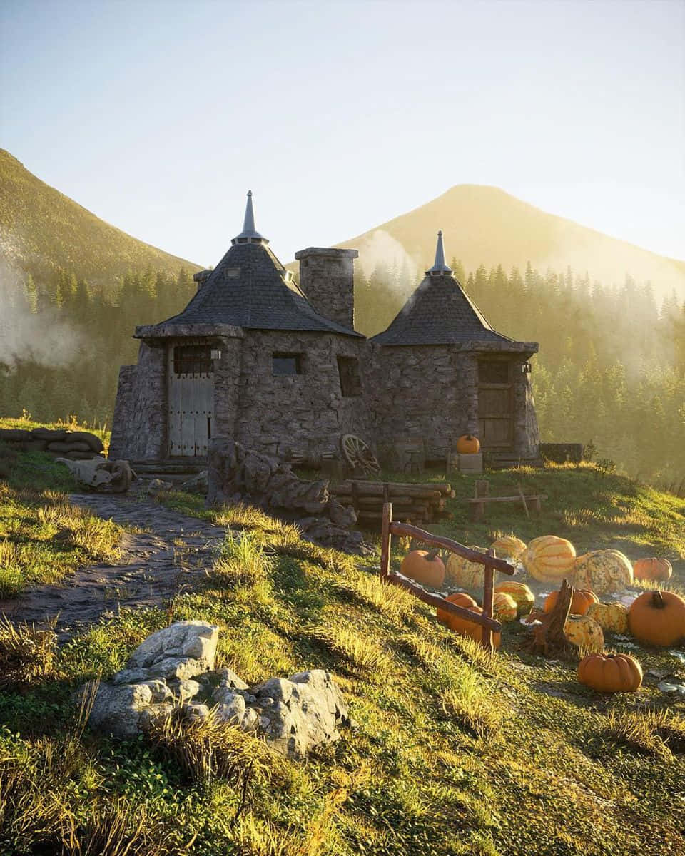 Hagrid's Hut 桌布 壁紙 — 一座質樸的石屋，屋頂呈圓錐形，坐落在長滿青草的山坡上，周圍環繞著南瓜和霧氣繚繞的山脈，沐浴在金色的日出中。