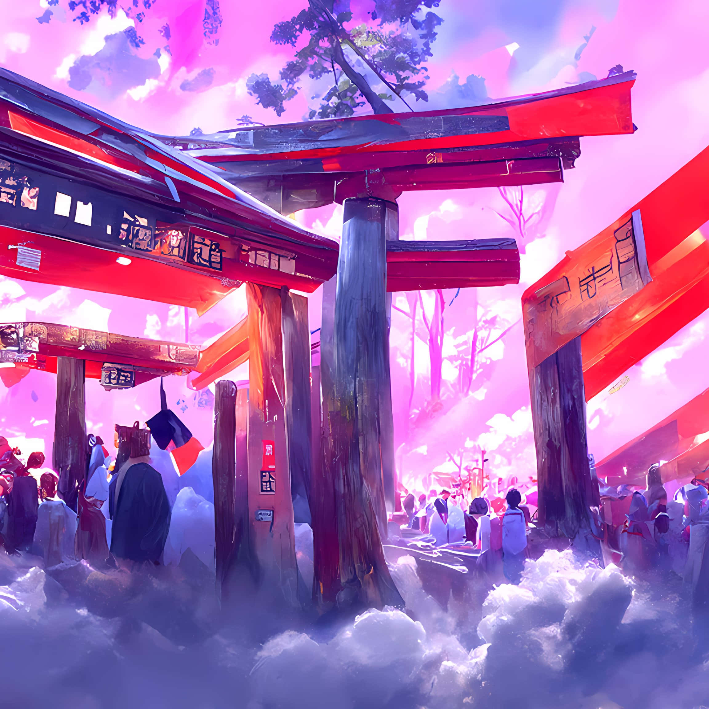 桌布 壁紙 — 一座超現實的動漫風格神社，帶有紅色鳥居，矗立在雲端之上，下方是發光的粉紅色天空，人們聚集在下方。
