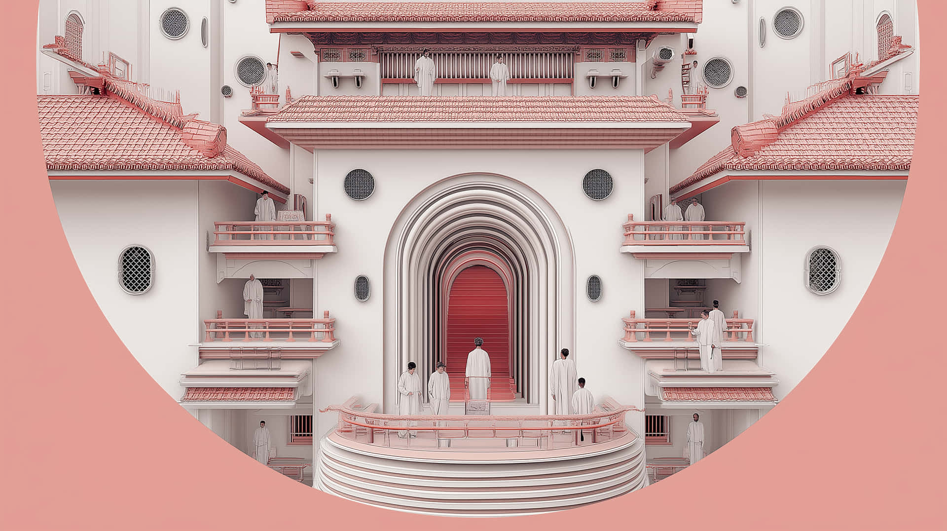 Symmetrical Architectural Grandeur in a Surreal Temple Setting 壁紙 — 一座超現實的粉紅色和白色建築結構，具有層疊的拱門和陽台，身穿白色長袍的人物站立其中。