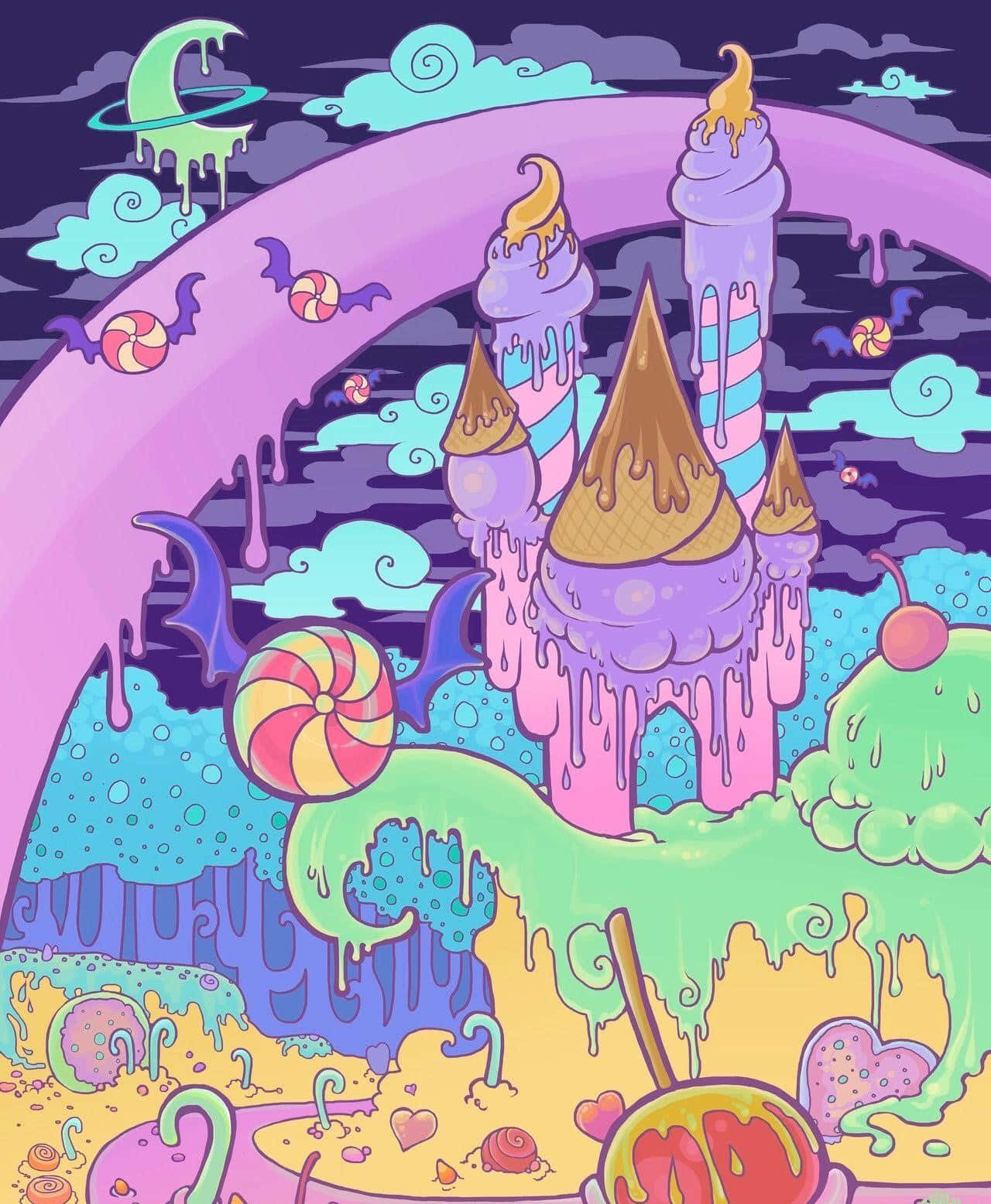 Candy Land 桌布 壁紙 — 一座超現實的糖果城堡，有融化的冰淇淋塔和棒棒糖樹，在滴落的彩虹天空下。