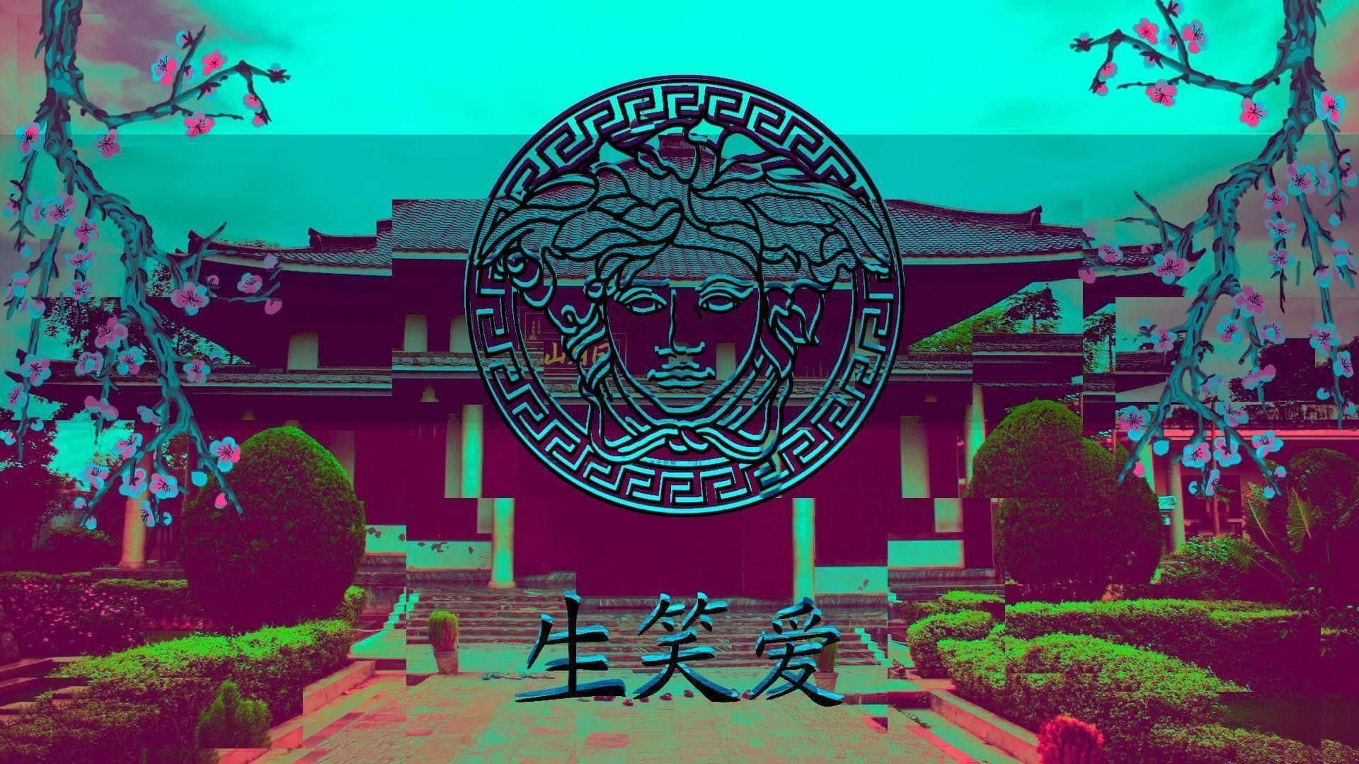 桌布 壁紙 — 一座超現實的青色和洋紅色濾鏡亞洲風格建築，以櫻花框住，並疊加了美杜莎標誌和漢字。
