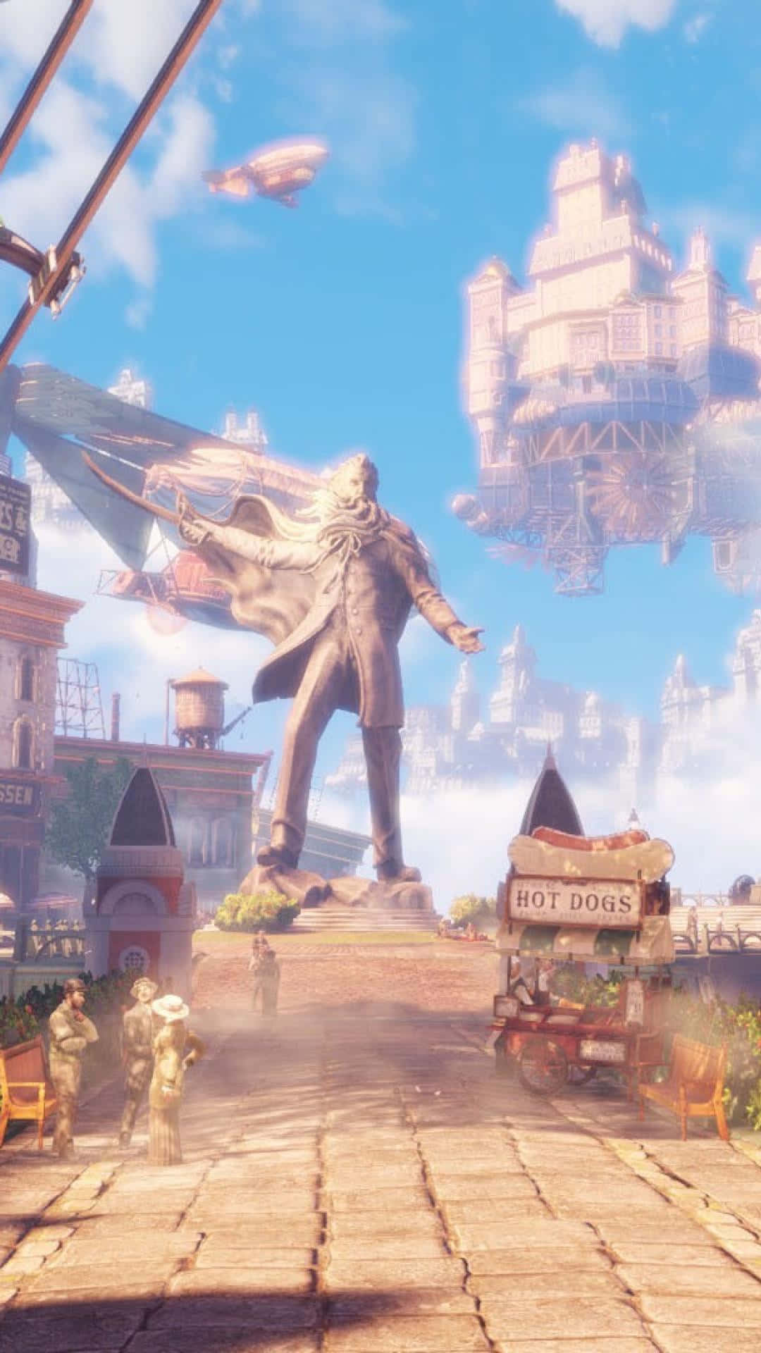 iPhone Xs Bioshock Infinite 桌布 壁紙 — 一座身穿長袍的人物雕像聳立在繁忙的蒸氣龐克城市街道上，附近有漂浮的飛船和熱狗車。