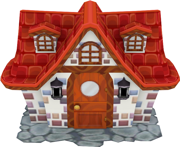 Mansion 桌布 壁紙 — 一座迷人的3D渲染小屋，擁有紅色瓦片屋頂和木門，矗立在石徑上。