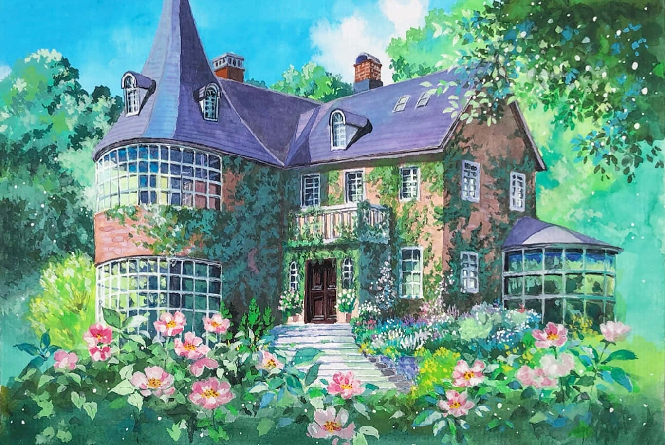 Anime Zoom 桌布 壁紙 — 一座迷人的水彩畫莊園，牆上爬滿常春藤，粉紅玫瑰在明亮的藍天下盛開。