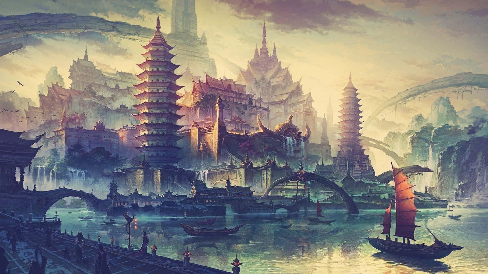 Art Drawing 桌布 壁紙 — 一座迷霧中的奇幻城市，層疊的寶塔和拱橋漂浮在一條有帆船的河流旁，天空金黃。