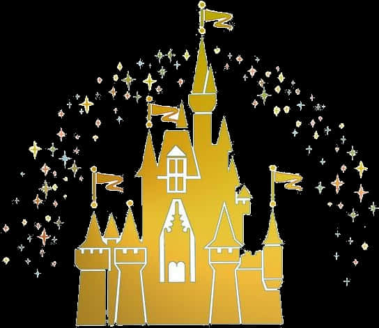 Disney Castle Silhouette 桌布 壁紙 — 一座金色城堡，帶有白色輪廓和閃爍的星星，在黑色背景上爆發。