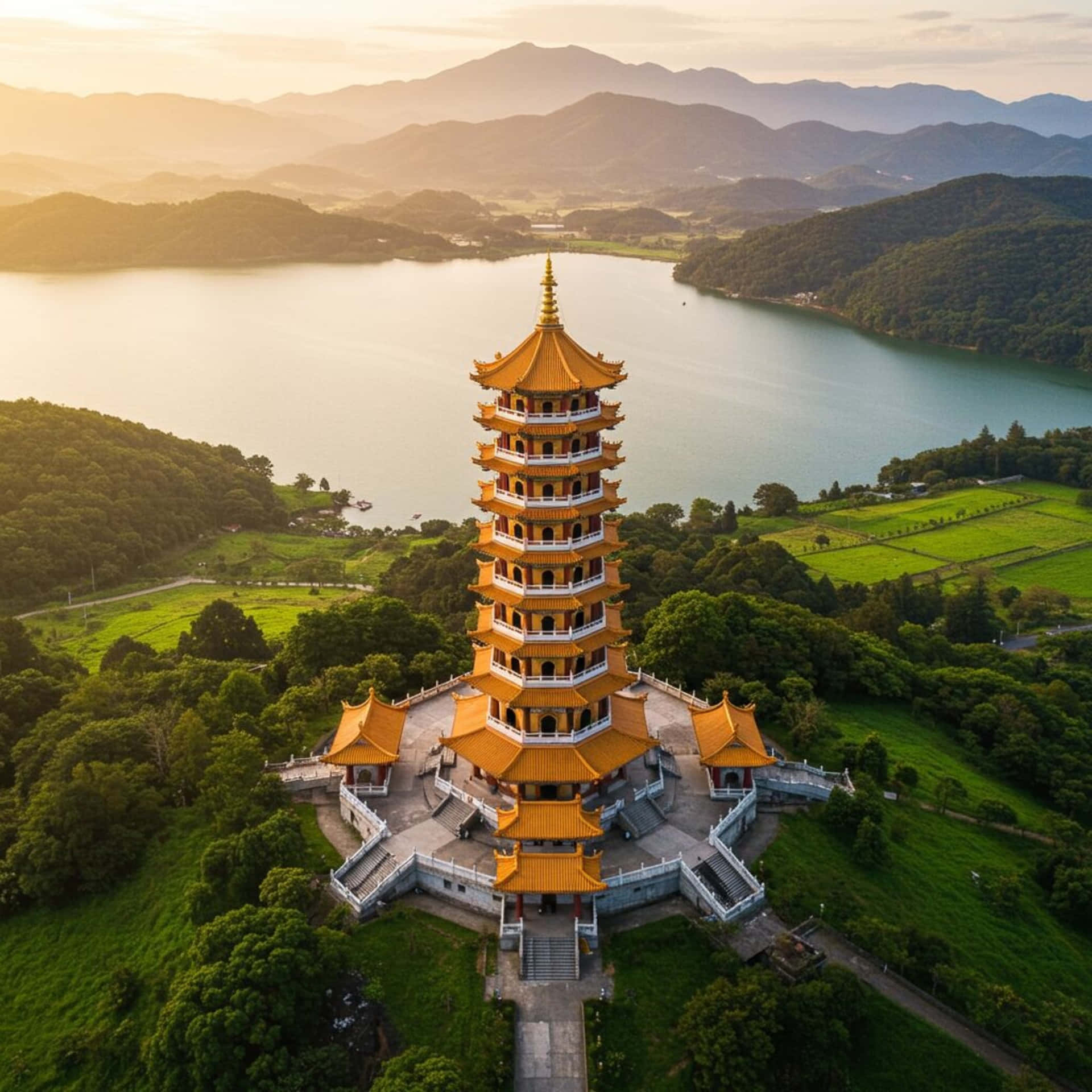 Building 壁紙 — 一座金色寶塔雄偉地聳立在鬱鬱蔥蔥的綠色山丘上，俯瞰著寧靜的湖泊，遠山沐浴在溫暖的日落光芒中。