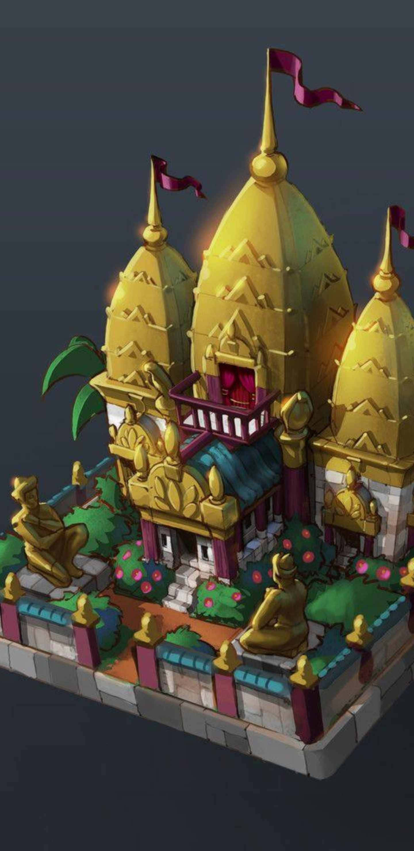 Pixel 3xl Civilization Beyond Earth 桌布 壁紙 — 一座金色寺廟，帶有尖頂和紅旗，坐落於石台上，周圍環繞著綠植和雕像。