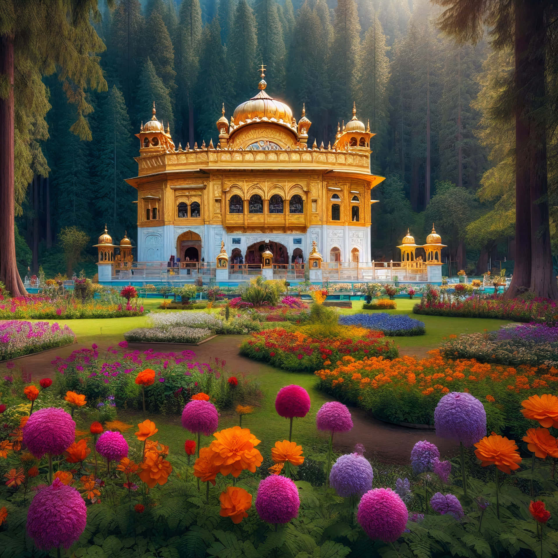 Golden Temple 壁紙 — 一座金色寺廟在陽光明媚的森林中閃耀，周圍環繞著色彩繽紛的花園和高聳的樹木。