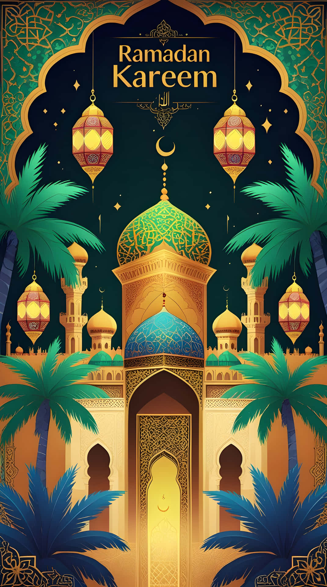 Ramadan Kareem 壁紙 — 一座金色清真寺，藍色圓頂和懸掛燈籠，由棕櫚樹環繞，在星光燦爛的齋月卡里姆夜空下。