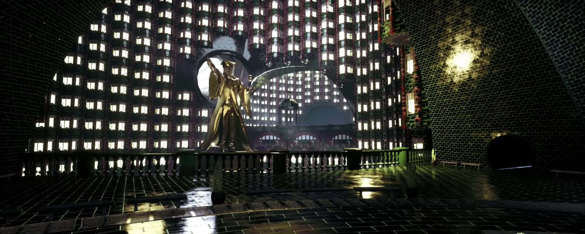 The Ministry Of Magic 桌布 壁紙 — 一座金色雕像在夜晚矗立在濕漉漉的磁磚陽台上，背景是高聳的建築物，窗戶閃爍著光芒。