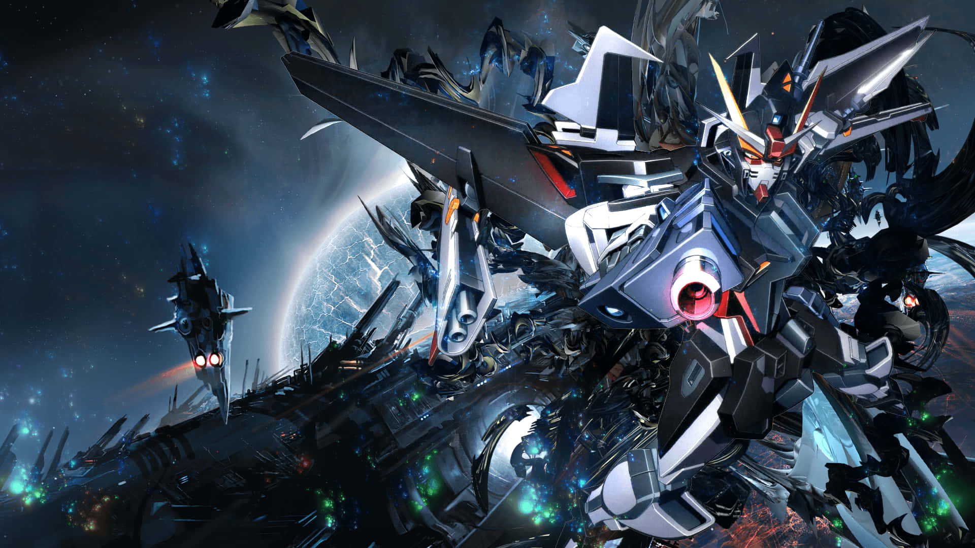 Gundam Desktop 桌布 壁紙 — 一座銀黑相間的巨型機甲在太空碎片中戰鬥，背景中有一顆發光的行星。