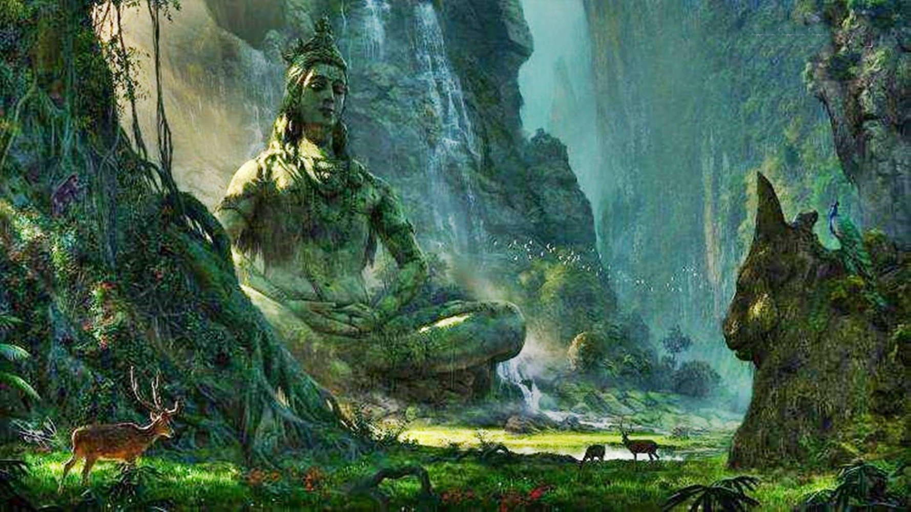 山景 桌布 壁紙 — 一座長滿青苔的巨大石像，一位寧靜的神明在茂密叢林的瀑布下冥想，附近有鹿在吃草。