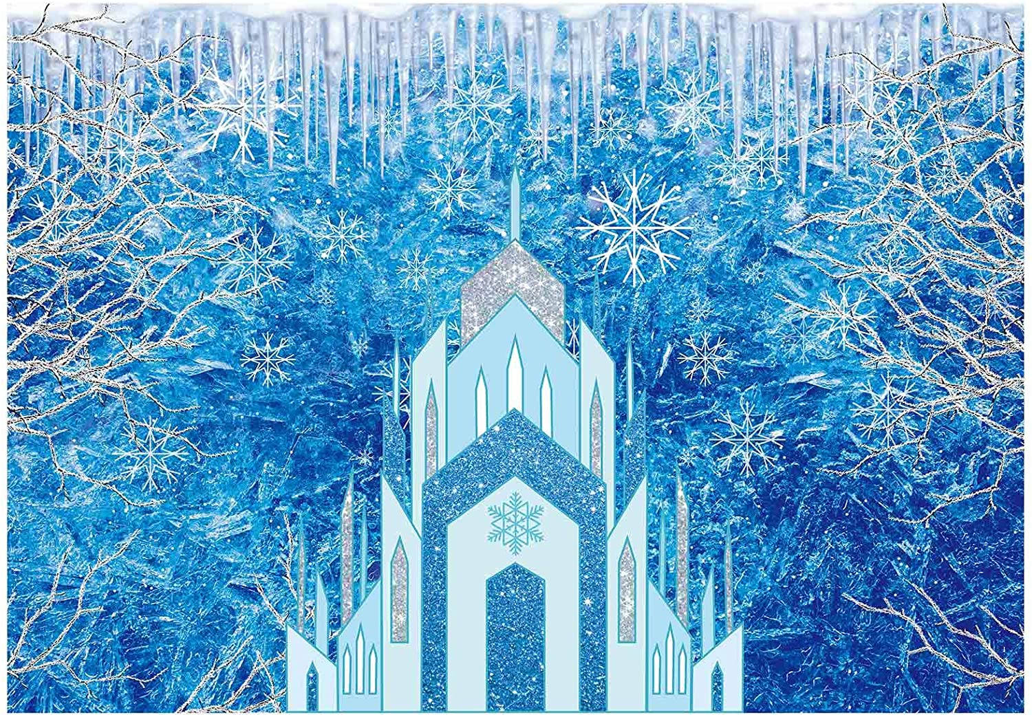 Frozen Castle 桌布 壁紙 — 一座閃閃發光的藍色冰城堡，帶有冰柱和雪花，被霜凍的樹枝框住，背景是充滿活力的冰天雪地。