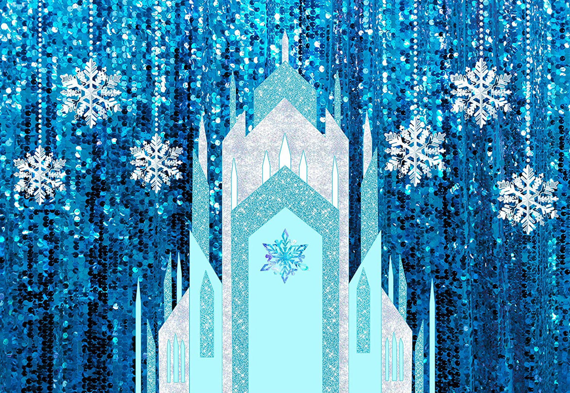 Frozen Castle 桌布 壁紙 — 一座閃閃發光的藍色城堡，帶有雪花，懸掛在冰色調的亮片背景上。