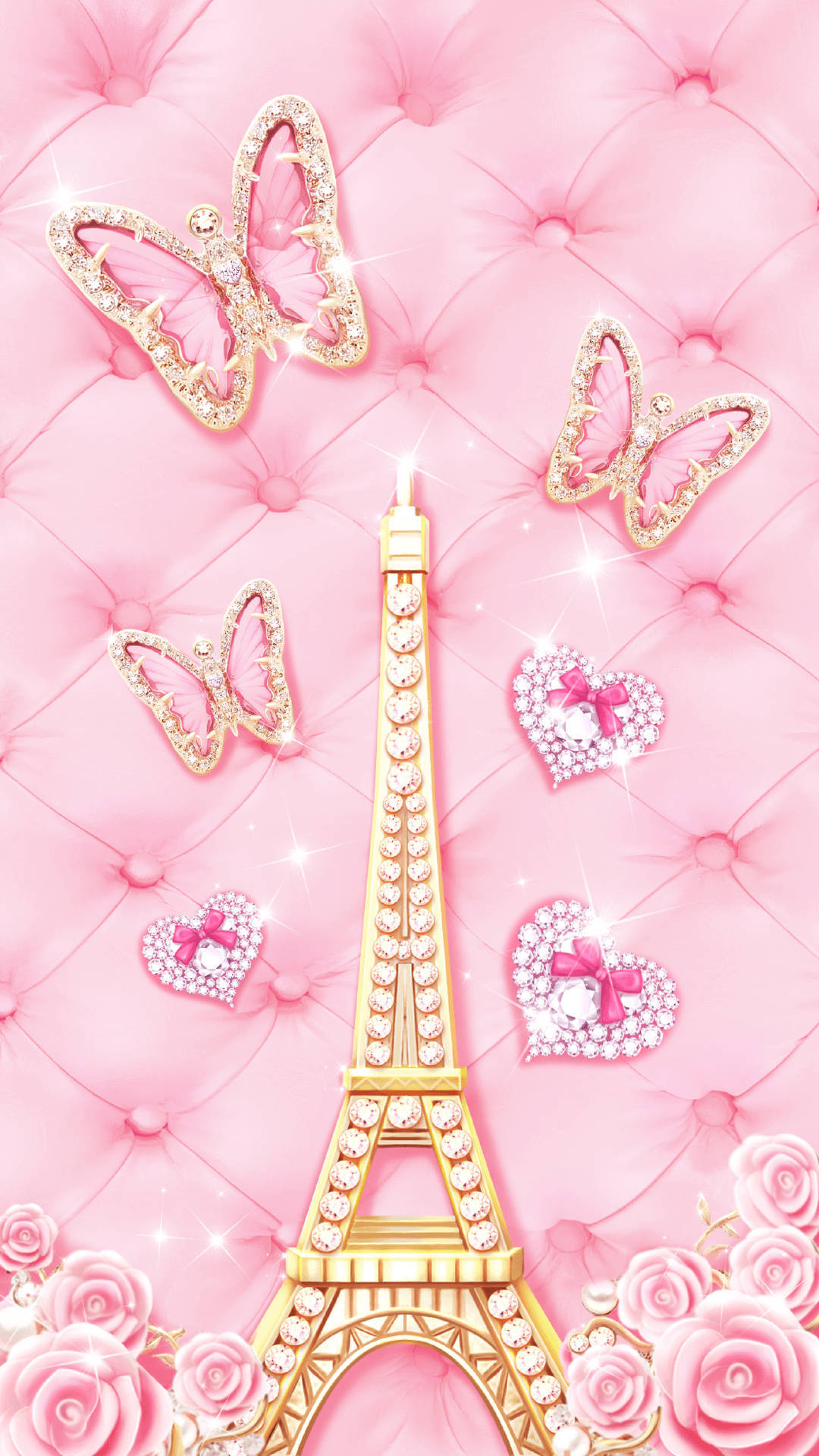 cute and pink 桌布 壁紙 — 一座閃閃發光的金色艾菲爾鐵塔，鑲嵌鑽石，矗立在粉紅色簇絨背景上，周圍環繞著蝴蝶、心形和玫瑰。