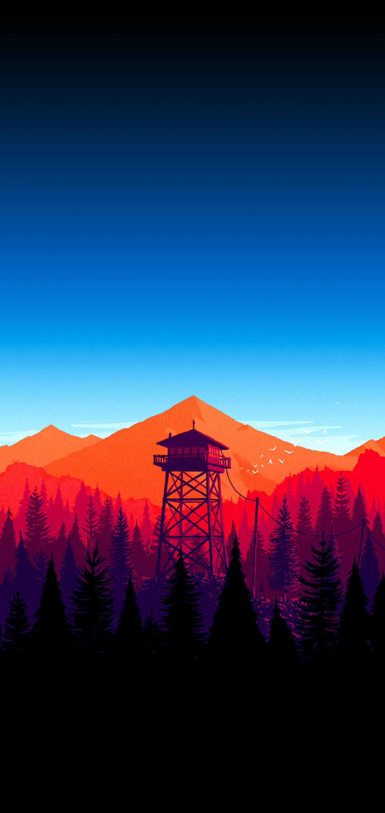 AMOLED 桌布 壁紙 — 一座防火瞭望塔矗立在森林中，夕陽西下，火紅色的山脈和深藍色的天空。