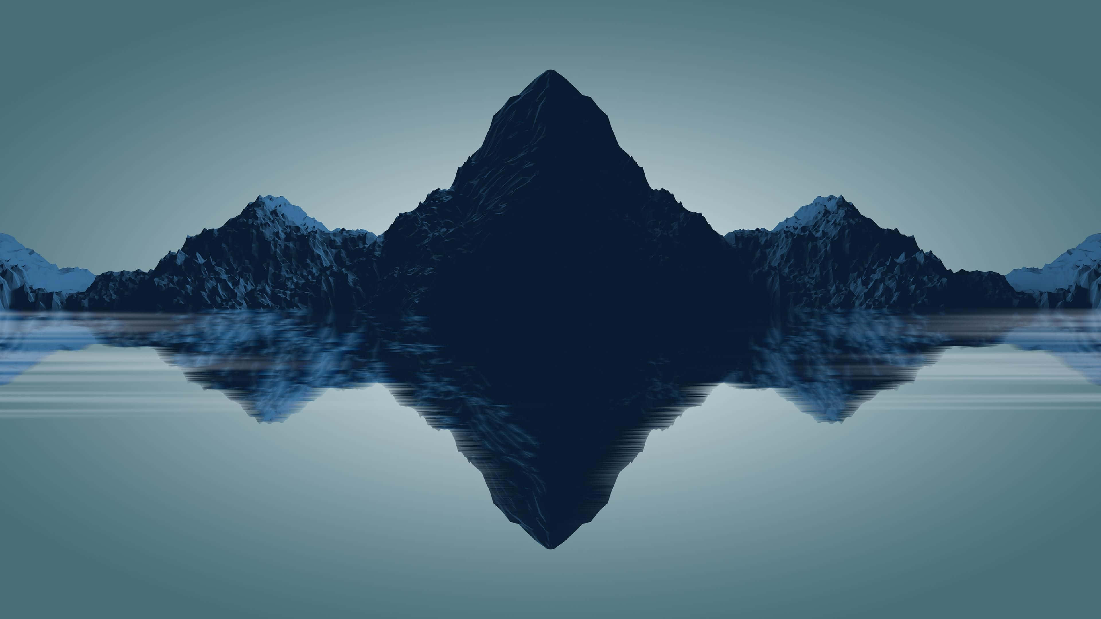Minimalist Blue 桌布 壁紙 — 一座陡峭的山峰及其在平靜水面上的完美倒影，映襯著柔和的藍天。