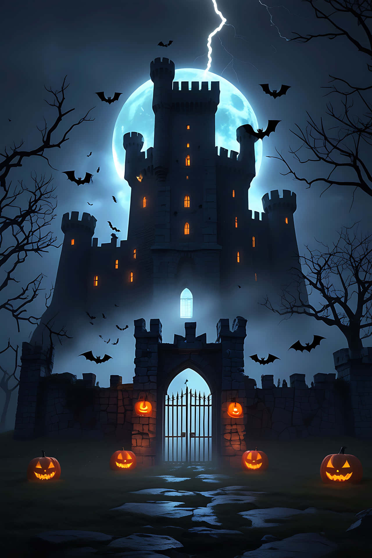 Haunted castle under full moon 壁紙 — 一座陰森的石頭城堡，窗戶發光，立於滿月之下，蝙蝠飛舞，南瓜燈照亮小徑。