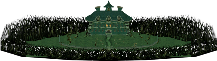 Mansion 桌布 壁紙 — 一座陰森的綠色豪宅，窗戶發著光，孤零零地矗立在黑暗、雜草叢生的森林空地中。