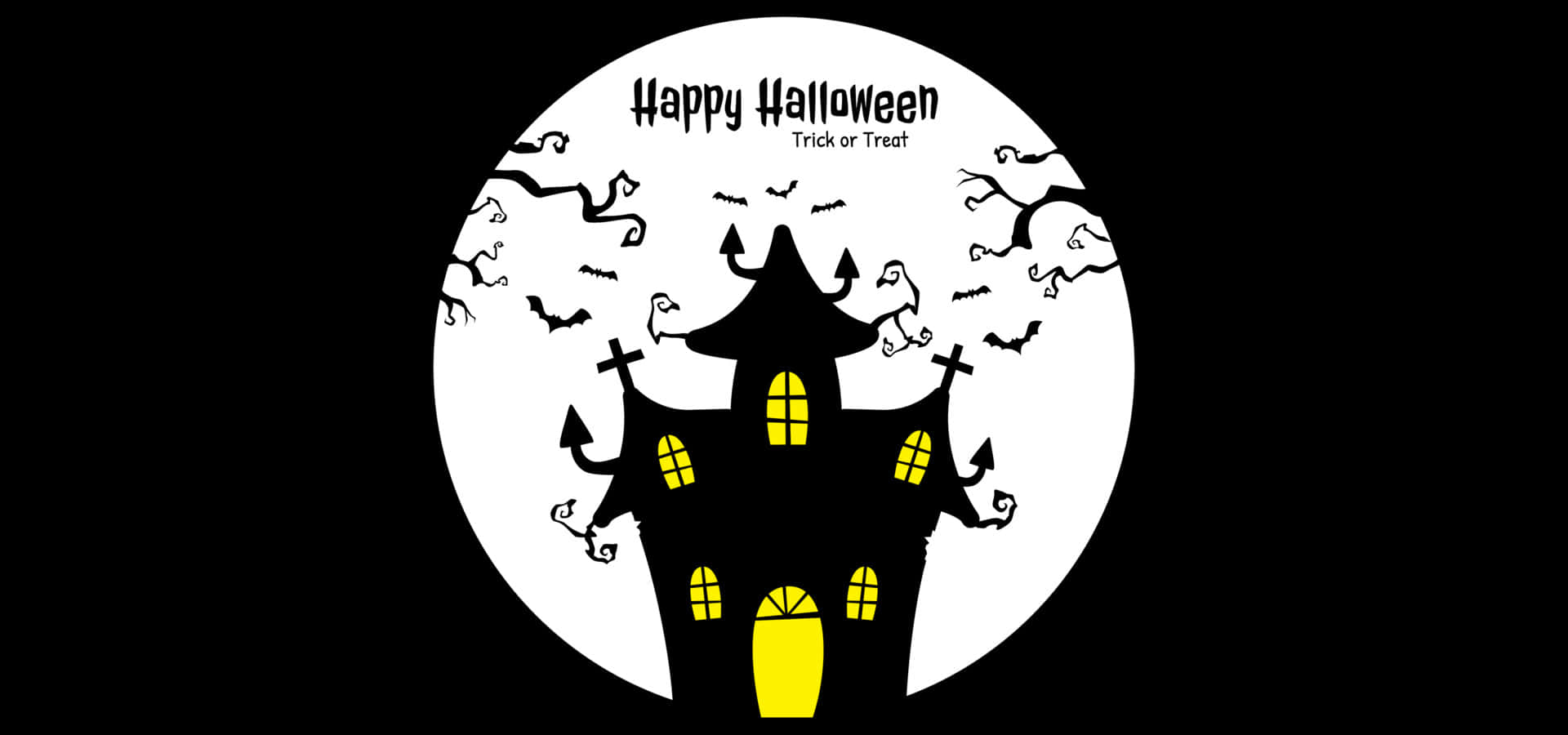 Haunted Mansion 桌布 壁紙 — 一座陰森的黑色的鬼屋，帶有發光的黃色窗戶，矗立在滿月前，周圍環繞著蝙蝠和扭曲的樹枝。