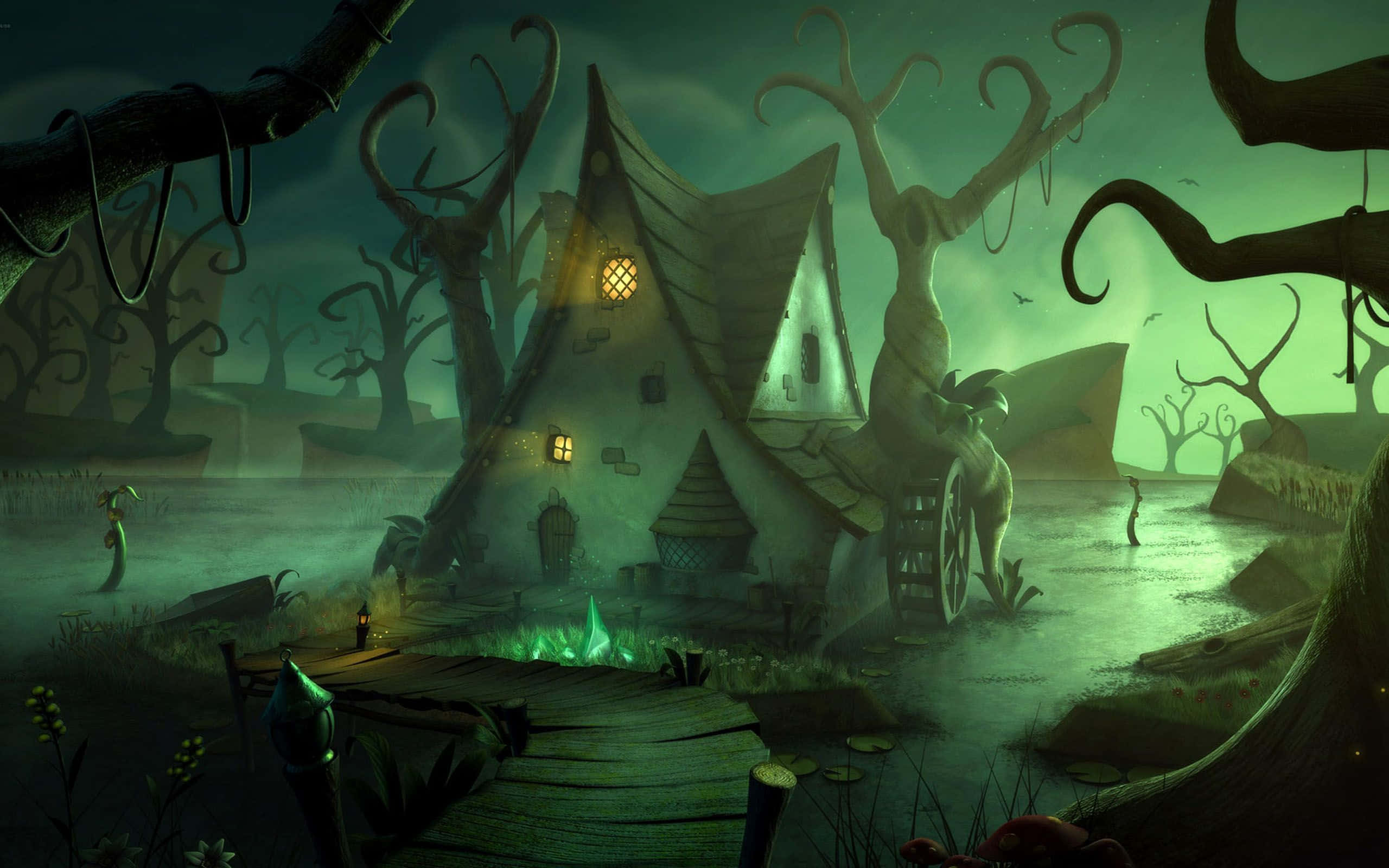 Scary Halloween Desktop 桌布 壁紙 — 一座陰森鬼屋，窗戶發光，孤零零地坐落在霧氣瀰漫的沼澤中，周圍是扭曲多節的樹木，天空呈綠色。