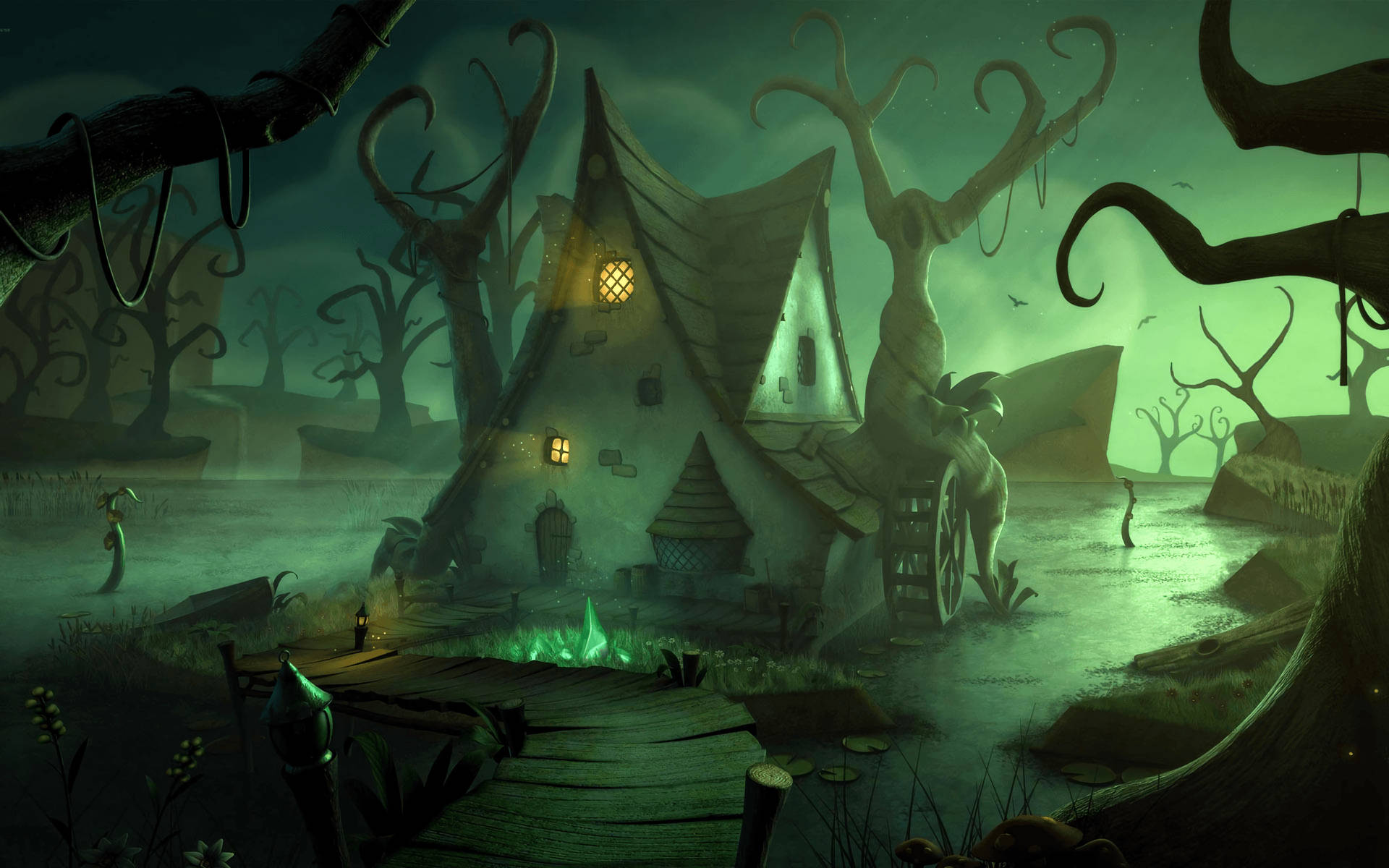 Haunted House Halloween 桌布 壁紙 — 一座陰森鬼屋，窗戶發光，孤零零地坐落在霧氣瀰漫的沼澤中，周圍是扭曲的樹木，天空呈現綠色。
