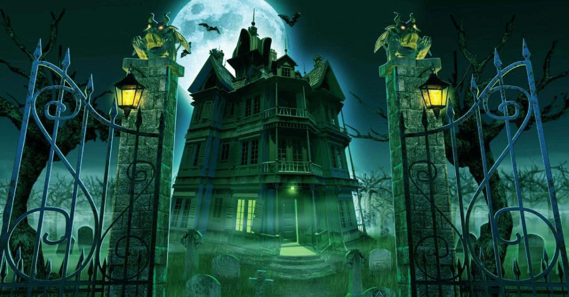 haunted 桌布 壁紙 — 一座陰森鬼屋，窗戶發光，矗立在裝飾華麗的大門後，滿月當空，蝙蝠飛舞。