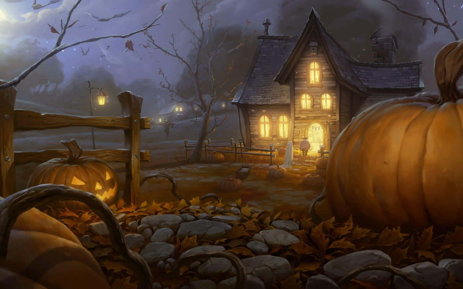 Trick Or Treat 桌布 壁紙 — 一座陰森鬼屋在暮色天空下溫暖地發光，周圍環繞著巨型南瓜和落葉。