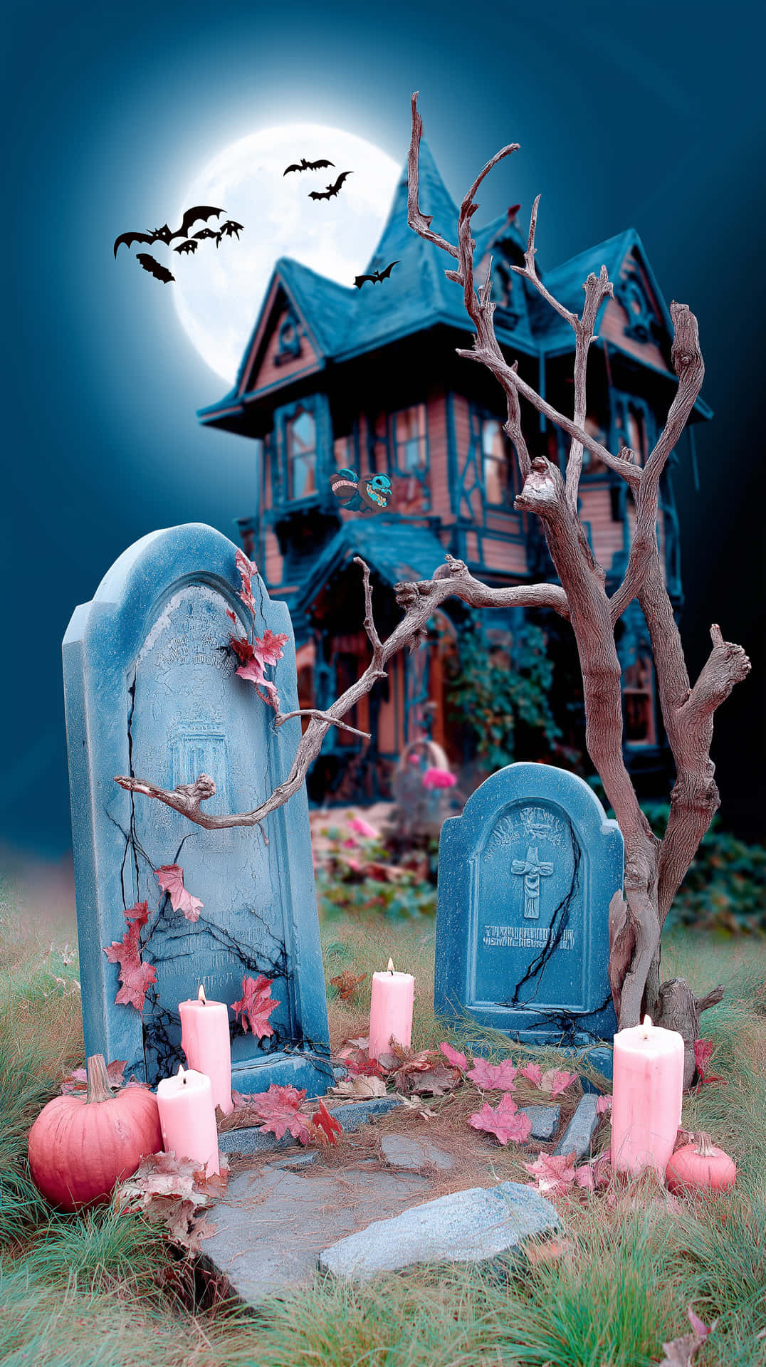 Ghostly Graveyard 壁紙 — 一座陰森鬼屋在滿月下矗立於風化的墓碑後面，蝙蝠在上空飛翔。