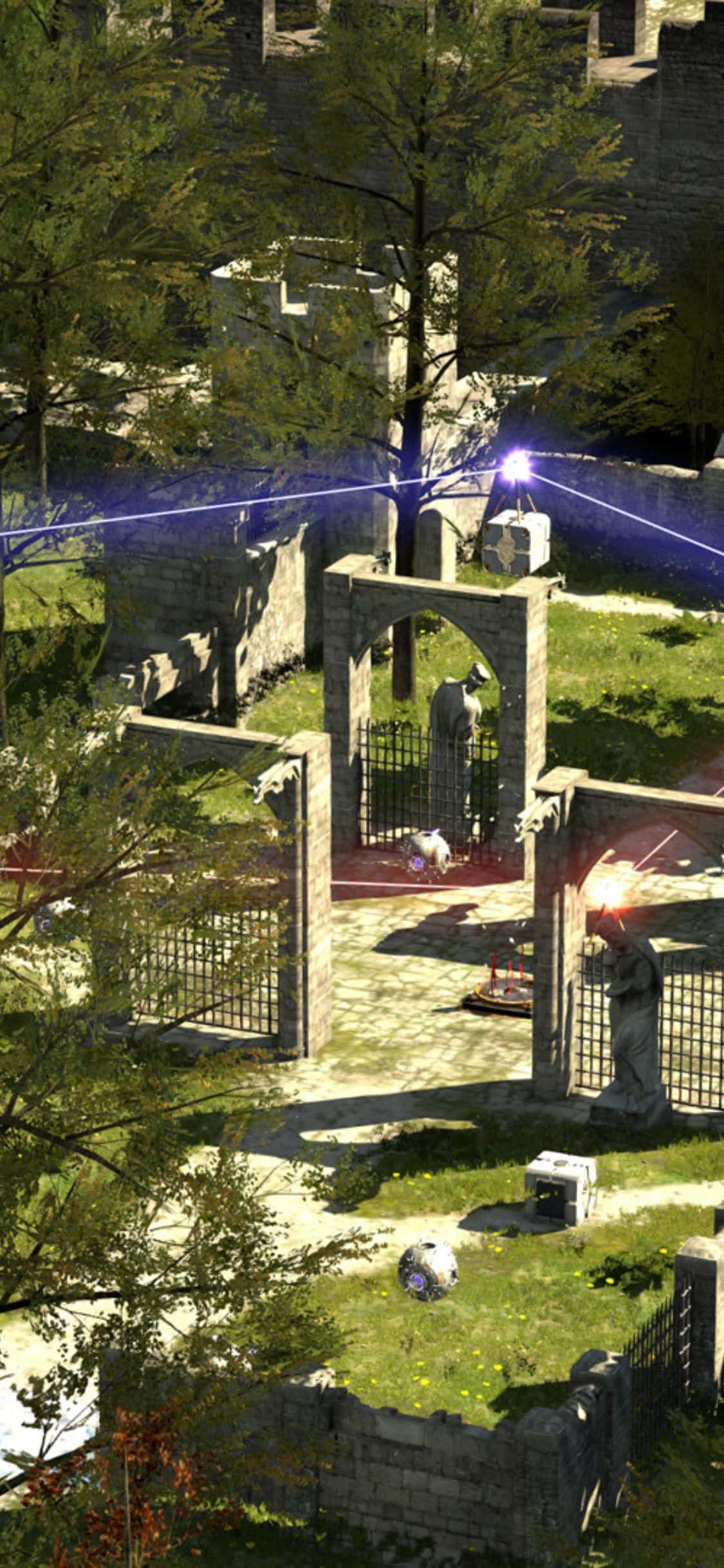 iPhone X The Talos Principle 桌布 壁紙 — 一座陽光普照的石門樓，周圍綠意盎然，發光的魔法能量光束在庭院上方拱起。