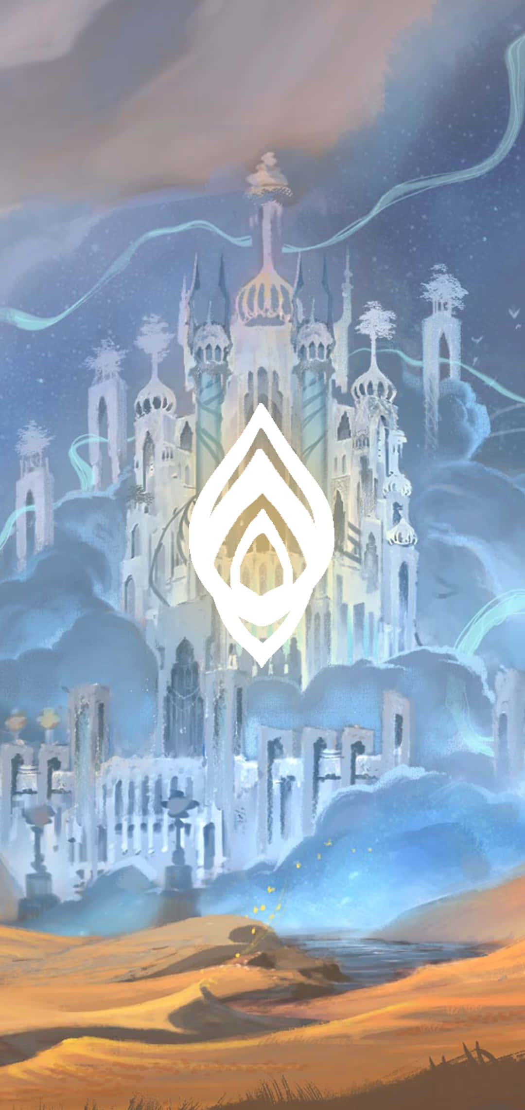 World Of Warcraft Shadowlands 桌布 壁紙 — 一座雄偉發光的城堡從沙漠上空的雲層中升起，由一個發光的鑽石形徽章框住。