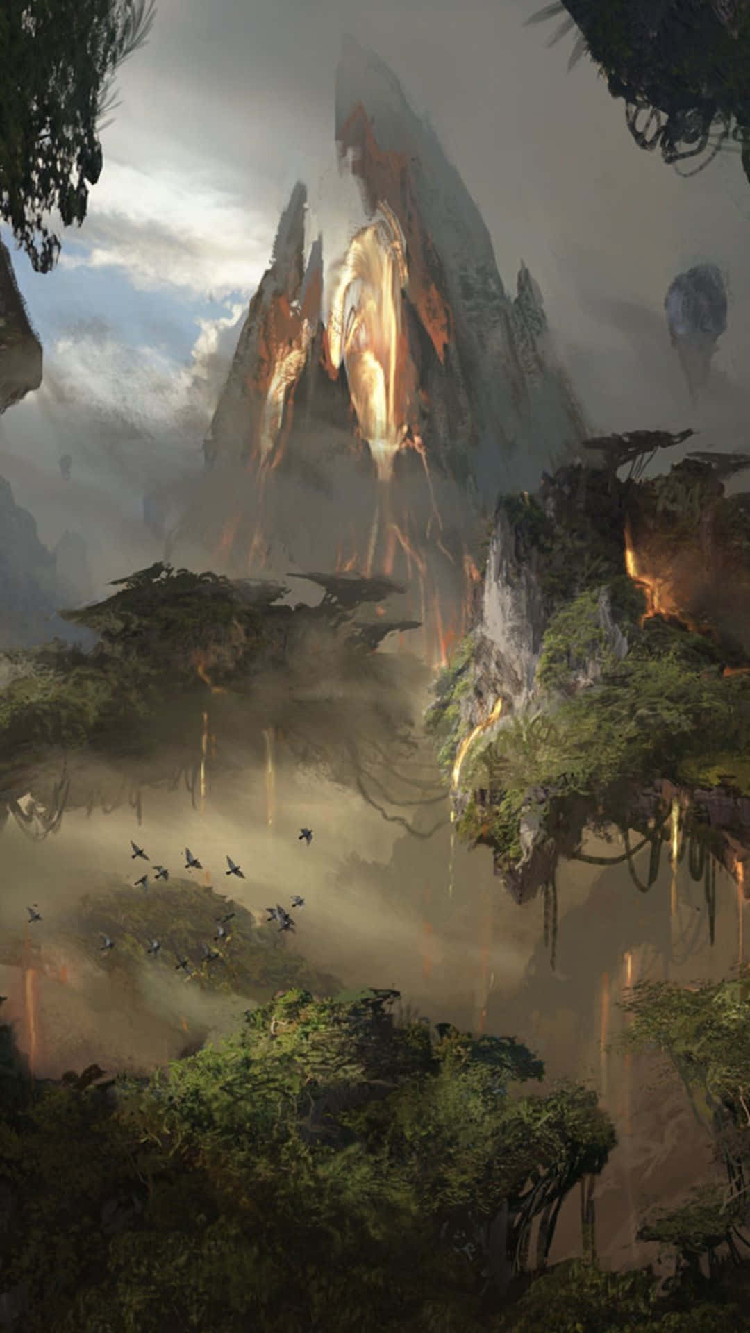 魔法風雲會 桌布 壁紙 — 一座雄偉發光的山峰穿過霧雲，下方是茂密的叢林樹冠，鳥兒在飛翔。