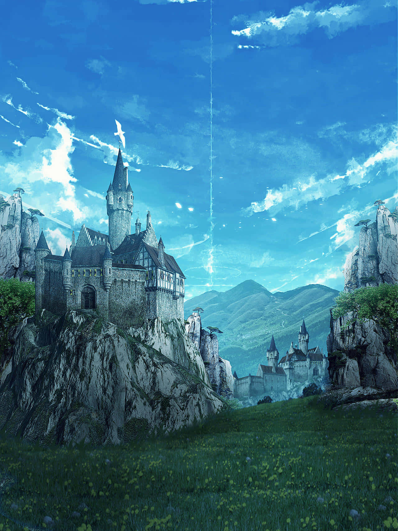 Kingdom 桌布 壁紙 — 一座雄偉的中世紀城堡坐落在岩石懸崖上，上方是湛藍的天空，點綴著散落的雲朵和遠山。