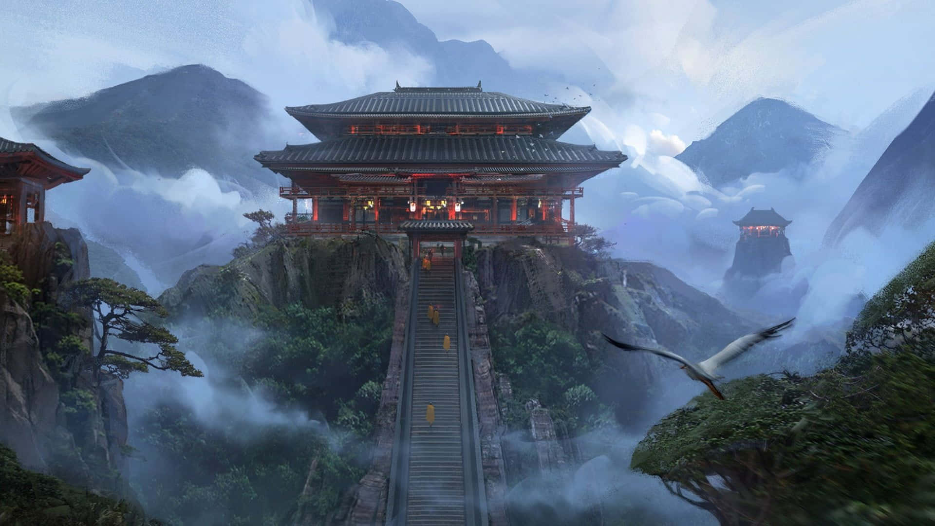Feudal Japan 桌布 壁紙 — 一座雄偉的傳統寺廟坐落在雲霧繚繞的山頂上，有一條長長的階梯通往寺廟，附近有一隻鶴在飛翔。