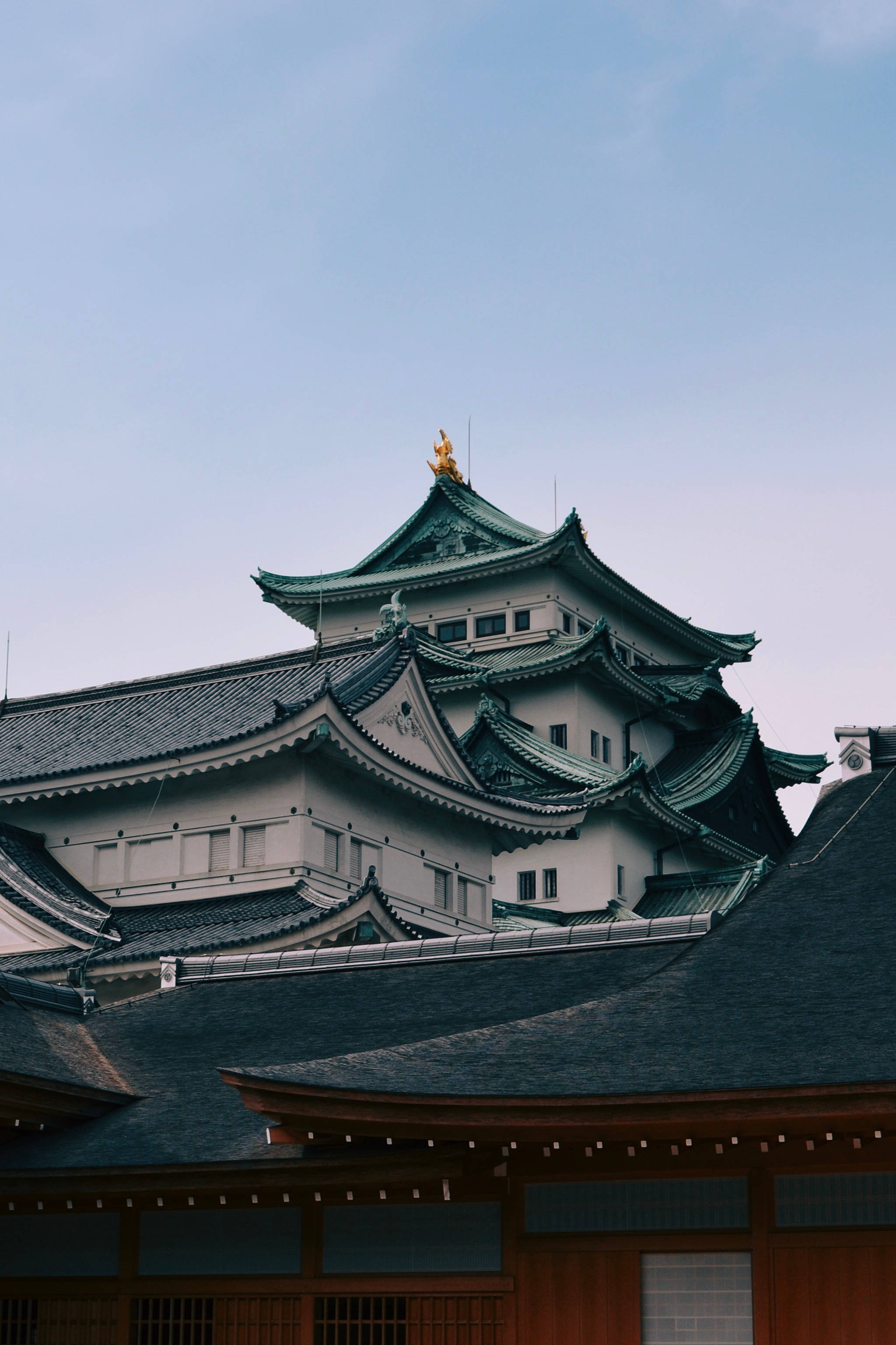 武士動畫 桌布 壁紙 — 一座雄偉的傳統日本城堡，擁有層疊的綠色屋頂和白色城牆，在清澈的藍天下。