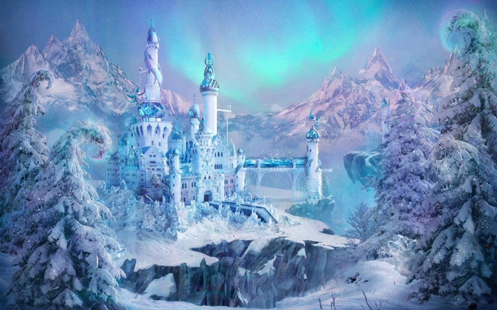 冰雪城堡 桌布 壁紙 — 一座雄偉的冰城堡坐落在雪崖上，周圍是白雪覆蓋的松樹，天空閃爍著極光。