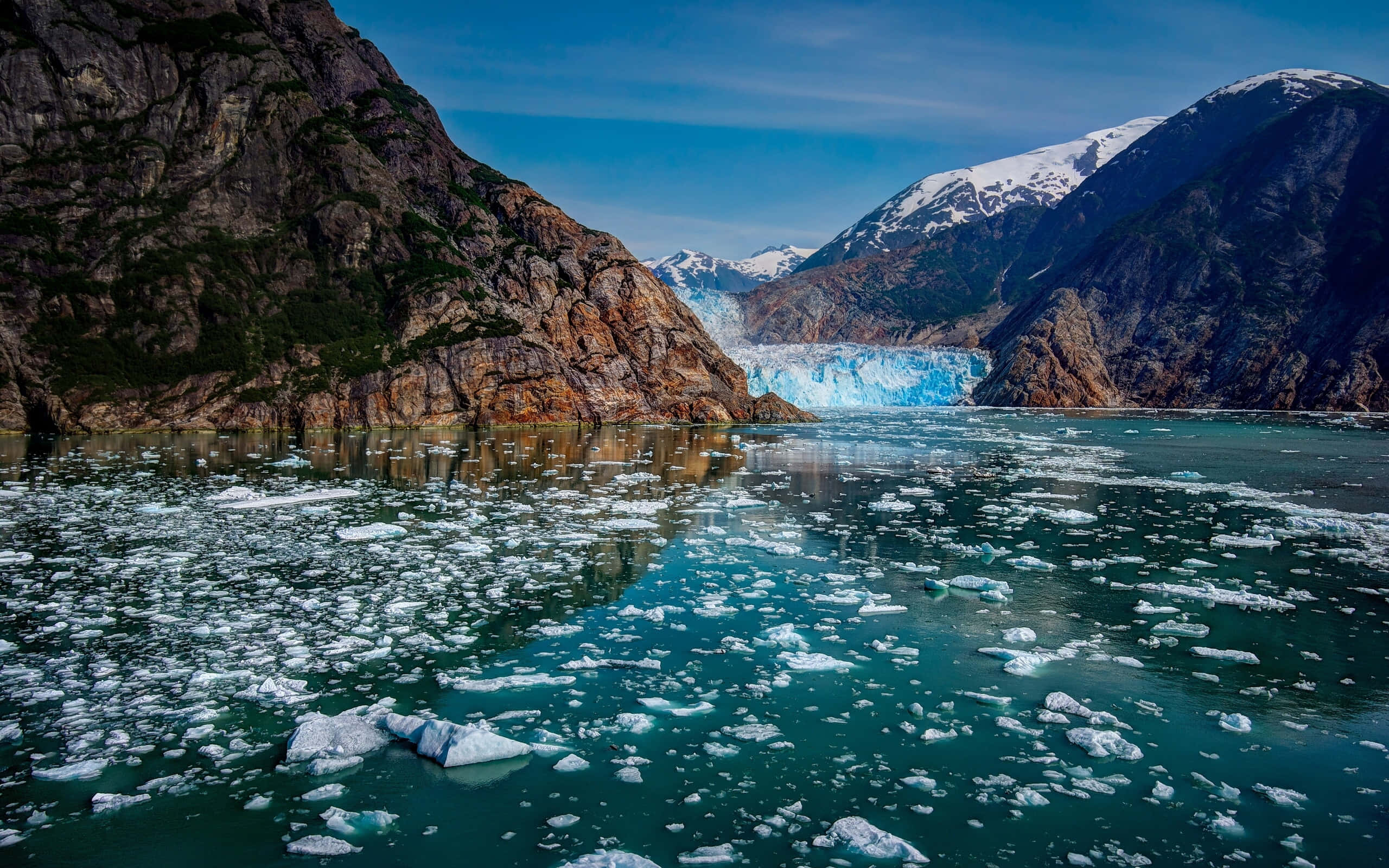 山景 桌布 壁紙 — 一座雄偉的冰川崩解流入碧綠色的峽灣，峽灣上散落著浮冰，四周是崎嶇的雪山，背景是清澈的藍天。
