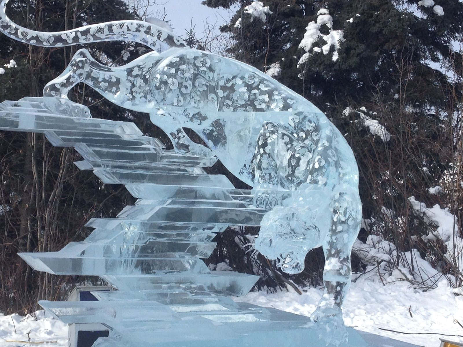 Ice Sculpture 桌布 壁紙 — 一座雄偉的冰雕，雕刻著一隻帶有花卉鑲嵌的躍虎，矗立在陽光普照的雪地森林中。